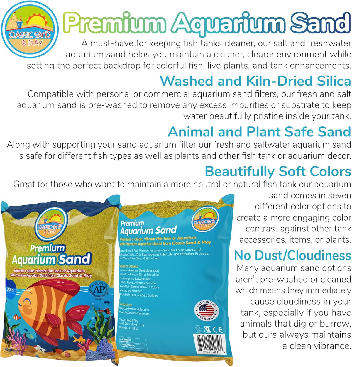 CLASSIC SAND & PLAY Natural Aquarium Sand for Freshwater and Saltwater Tanks, 20 lb. Bag, Improves