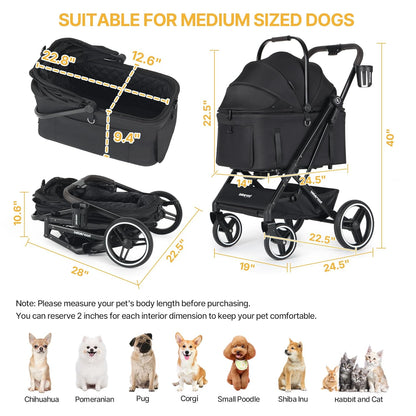 X3 2 in 1 Pet Stroller for Medium or Two Small Dogs & Cats 4 Wheels Lightweight Foldable Carrier