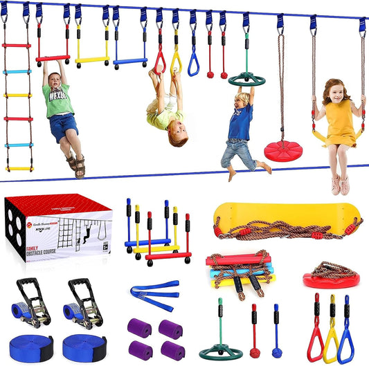 2x65 FT Ninja Warrior Obstacle Course for Kids with 13 Ninja Accessories - 600lbs Weight Capacity