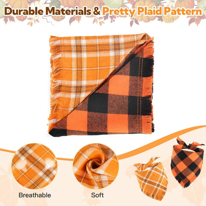Kytely Fall Dog Bandana 2 Pack, Halloween Thanksgiving Dog Bandanas, Orange Plaid Pet Scarf for Boy