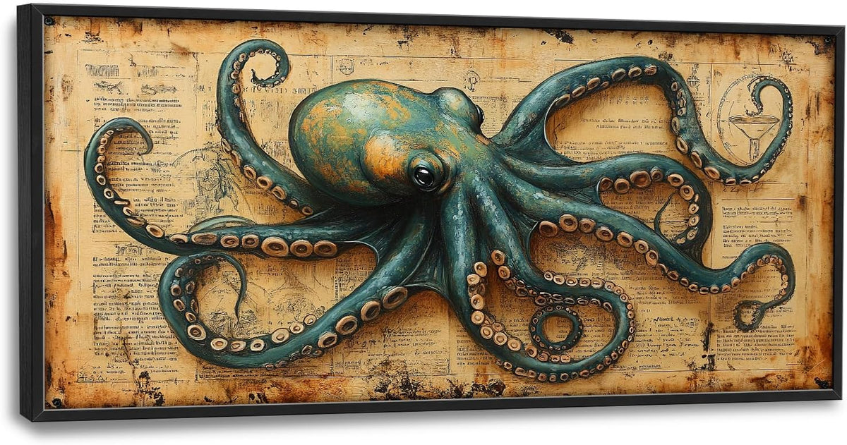 Large Octopus Nautical Wall Art for Living Room, Vintage Ocean Canvas Oversized Wall Decor, Rustic