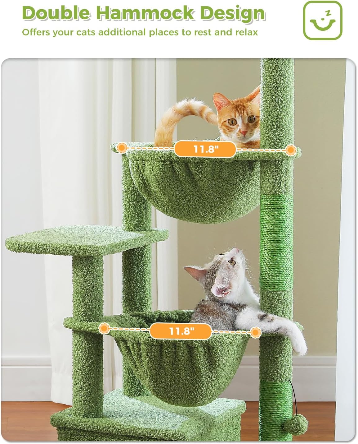 Cactus Cat Tree, 47.6" Cat Tower with 2 Metal Frame Hammock, Cat Scratching Post for Indoor Cats
