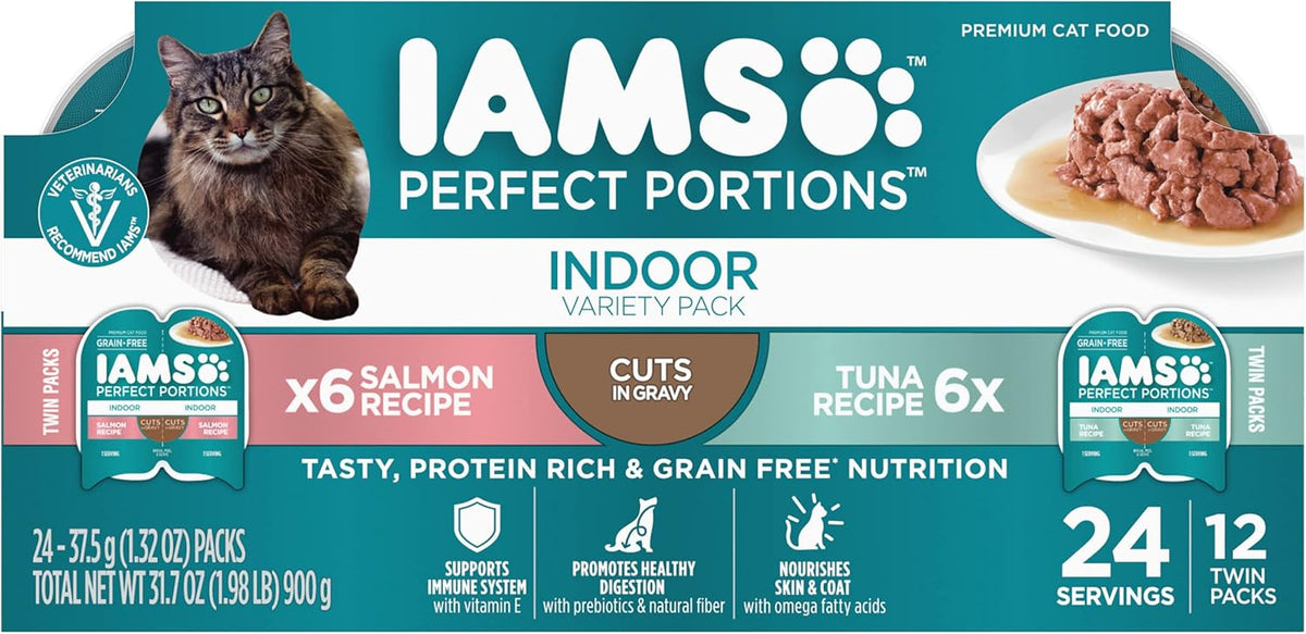 IAMS Perfect Portions Indoor Adult Wet Cat Food Cuts in Gravy Variety Pack, Salmon and Tuna