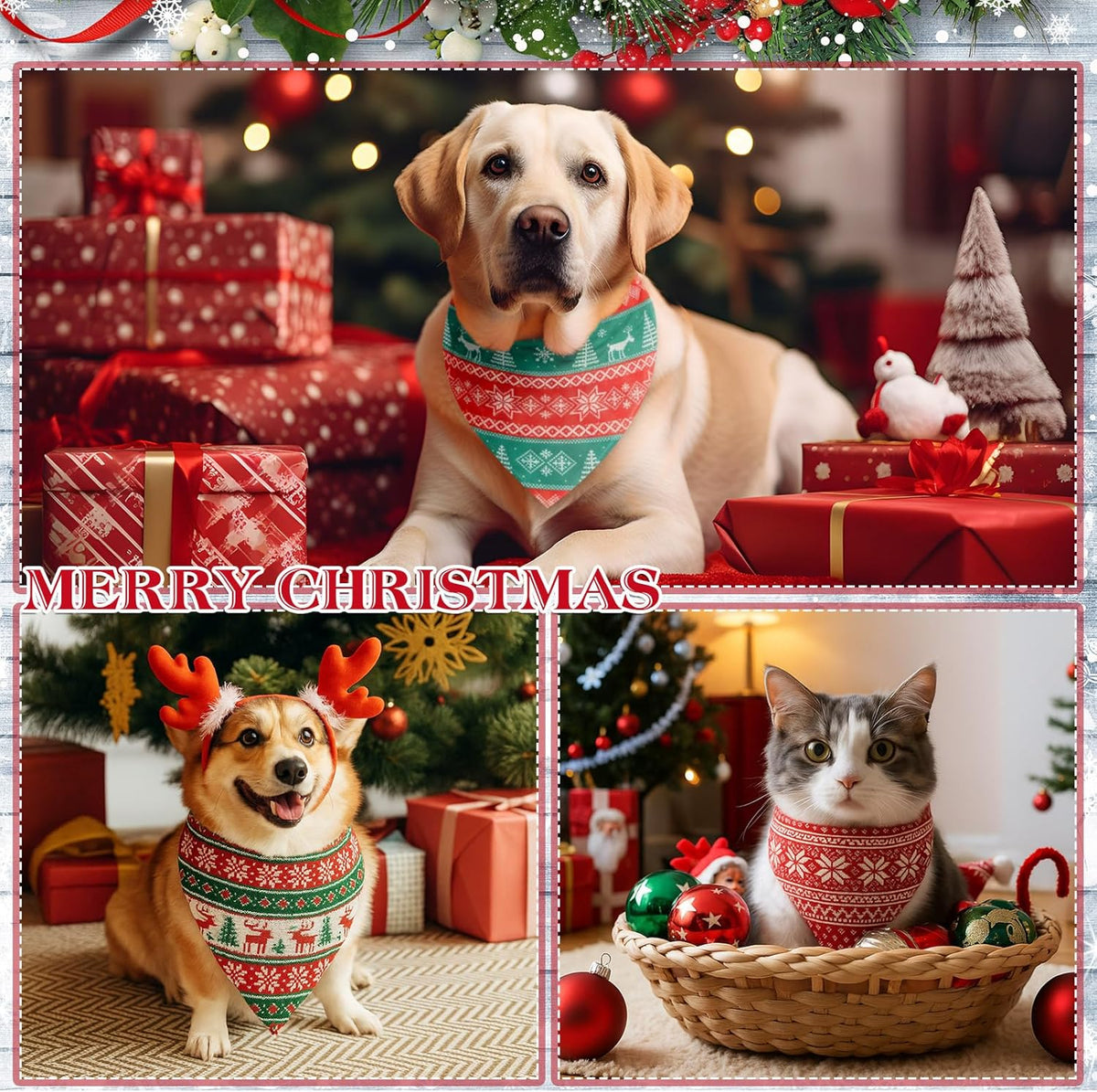 Weewooday 50 Pcs Christmas Bandanas for Dogs Xmas Bandanas Bulk with Ugly Sweater Patterns Soft