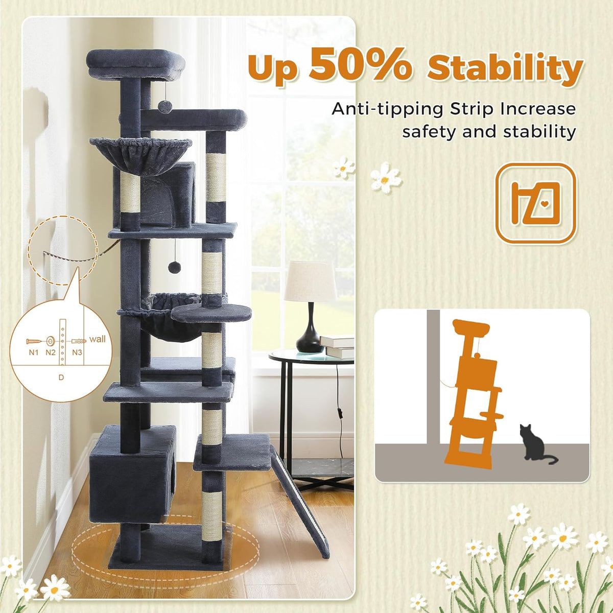 81 Inch Tall Cat Tree for Big Cats & Multi-Cat Homes, Large Heavy Duty Cat Tower with Metal Frame