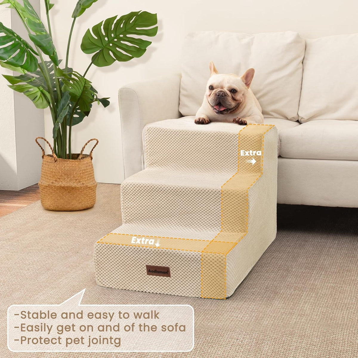 Dog Stairs for Small Dogs & Cats, 3-Step Extra Wide Non-Slip Pet Steps for Couch Sofa and Chair