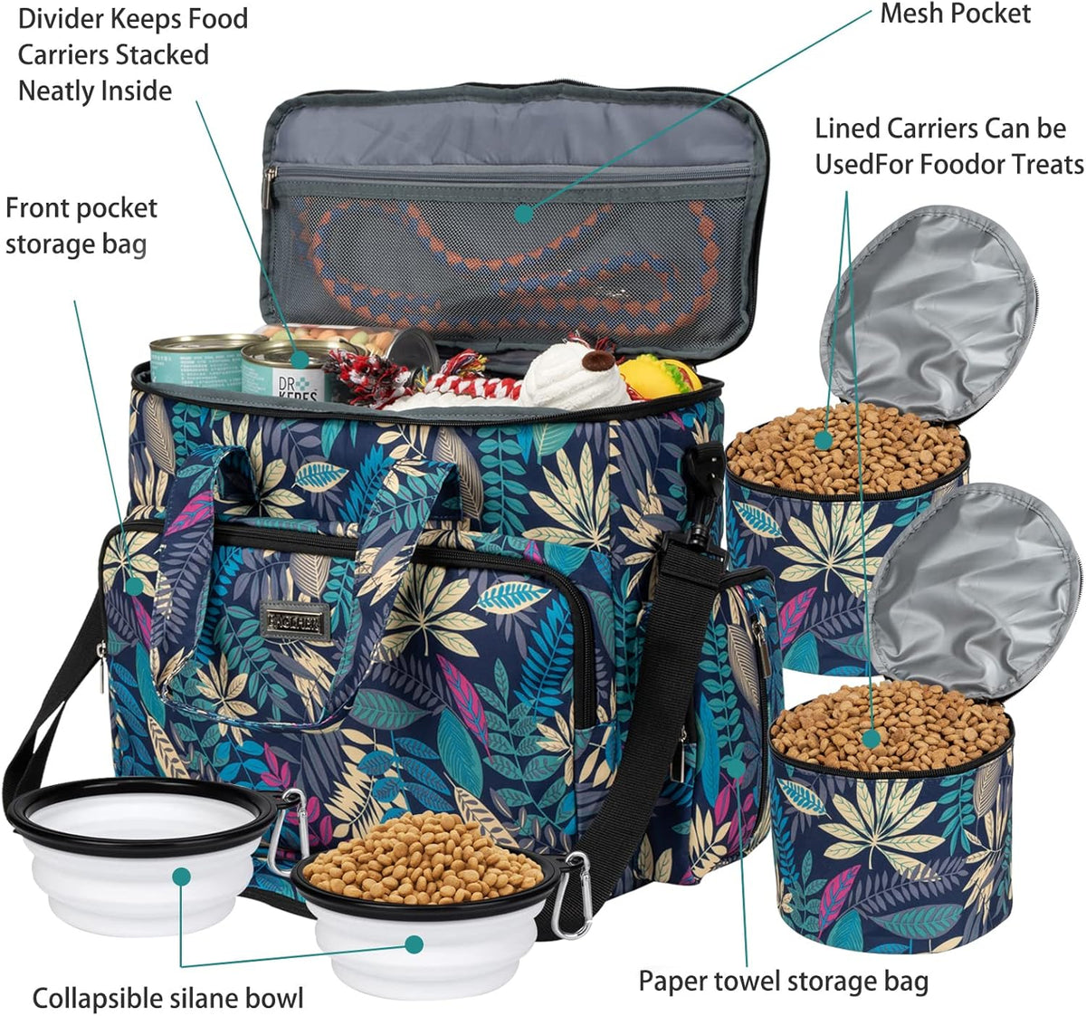 BAGLHER Dog Travel Bag, Pet Travel Bag (ALL Pet Travel Supplies), With 2 Pet Food Containers and 2