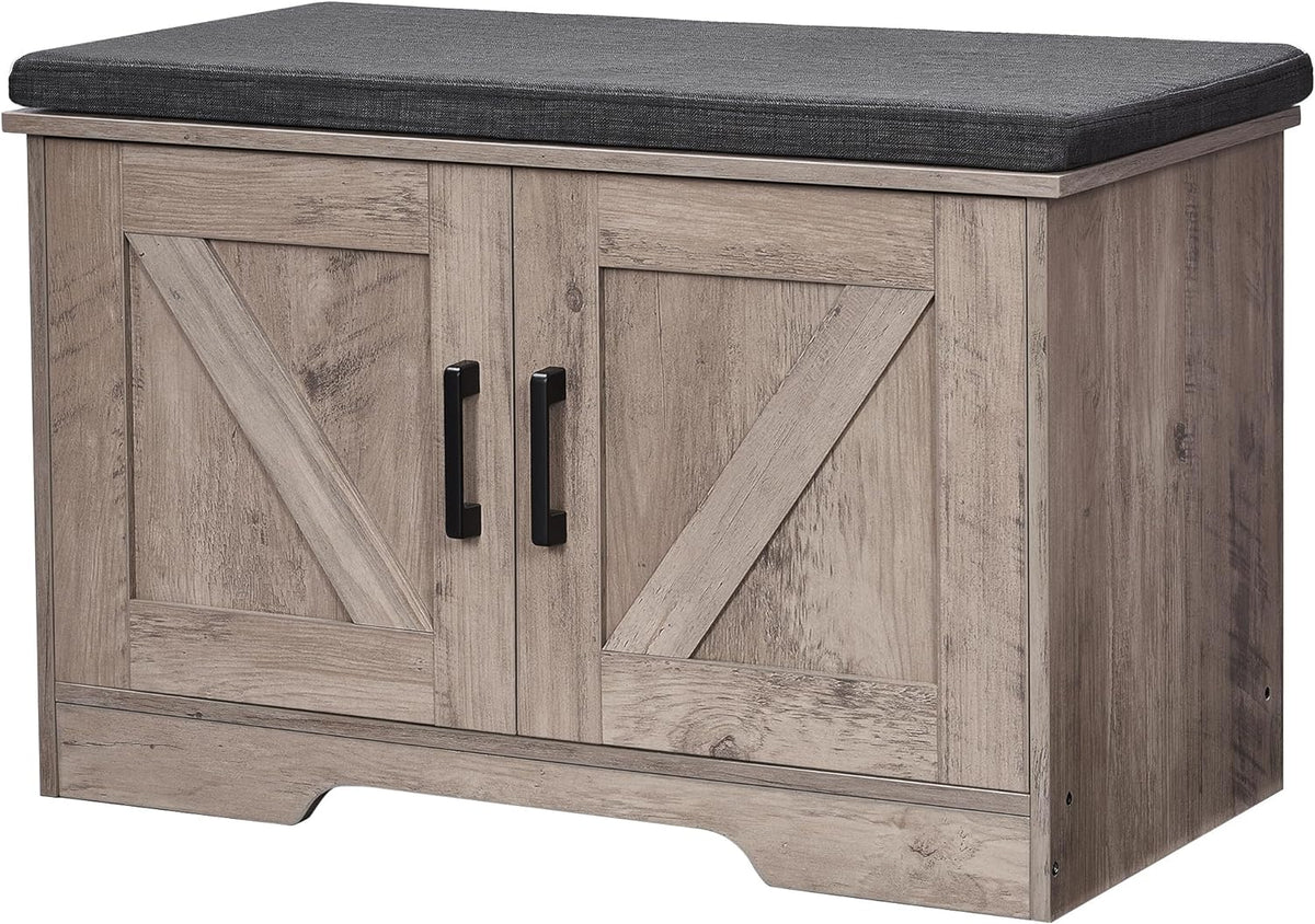 2-Tier Storage Bench, Shoe Bench with Padded Seat Cushion, Entryway Bench with 2 Barn Doors