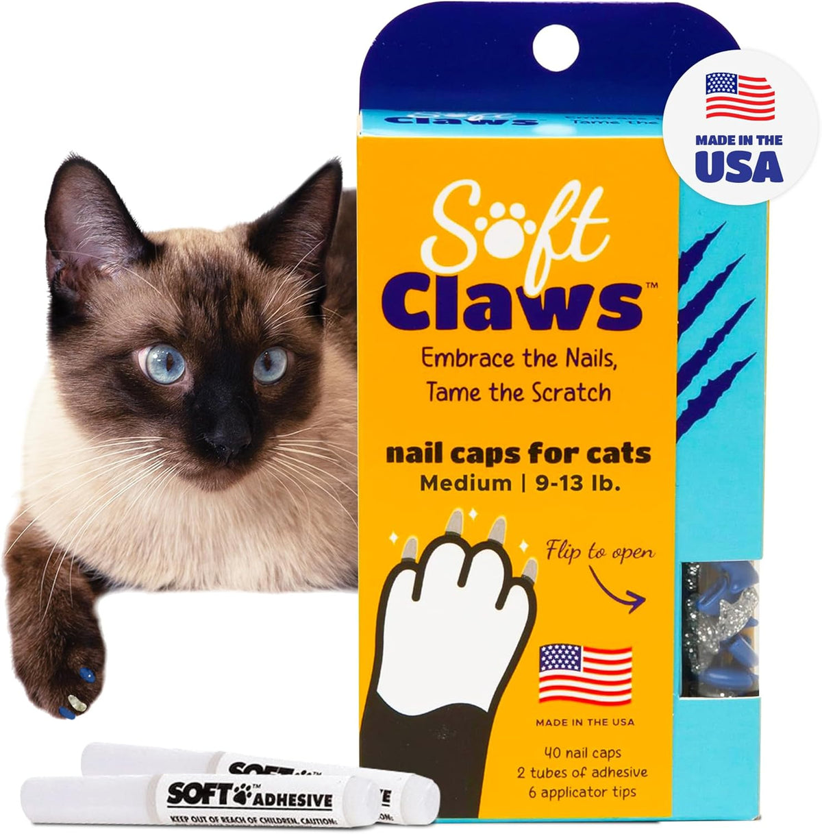 Soft Claws Cat Nail Caps for Medium Cats – (40 Caps, Blue & Silver) - Made in USA
