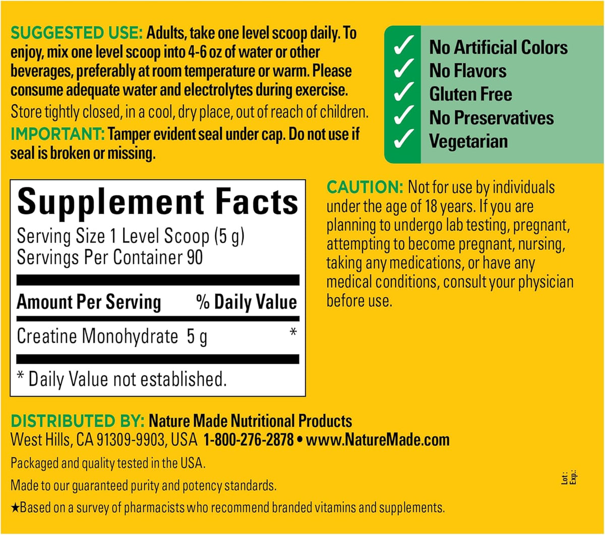 Nature Made Creatine Monohydrate Powder 5 g per Serving, Unflavored Drink Mix Powder, Muscle