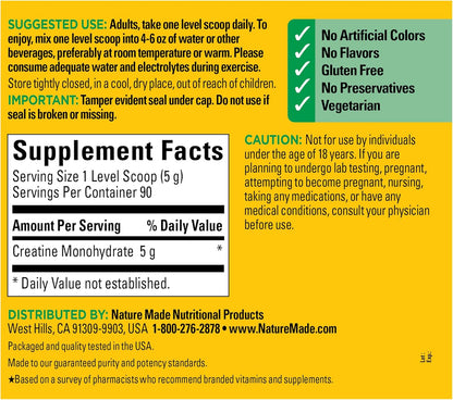 Nature Made Creatine Monohydrate Powder 5 g per Serving, Unflavored Drink Mix Powder, Muscle