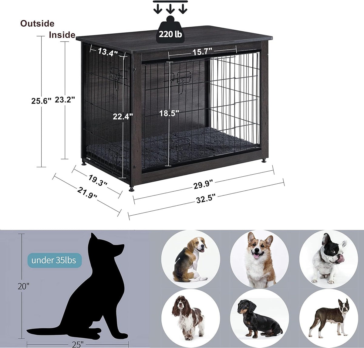 DWANTON Dog Crate Furniture with Cushion, Wooden Kennel Table with Double Doors, Indoor Dog House