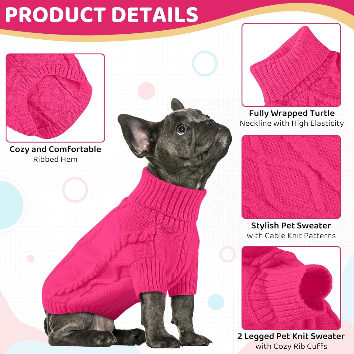 Queenmore Small Dog Pullover Sweater, Cold Weather Cable Knitwear, Classic Turtleneck Thick Warm