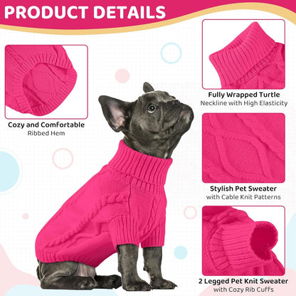 Queenmore Small Dog Pullover Sweater, Cold Weather Cable Knitwear, Classic Turtleneck Thick Warm