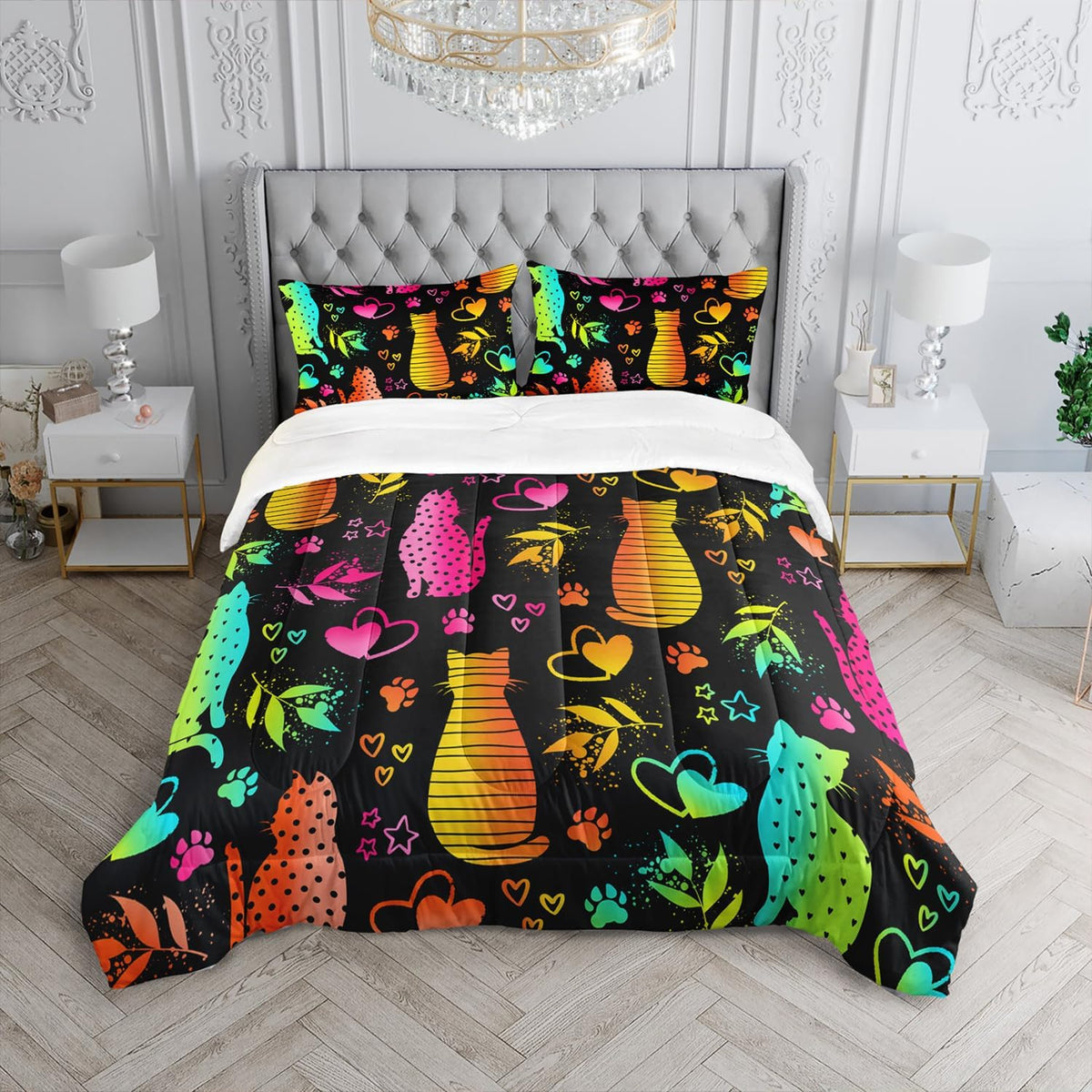 Kawaii Cat Animal Comforter 3Pcs Full Lovely Pet Cat Bedding Set for Kid Teen Girl Boy Adult Room