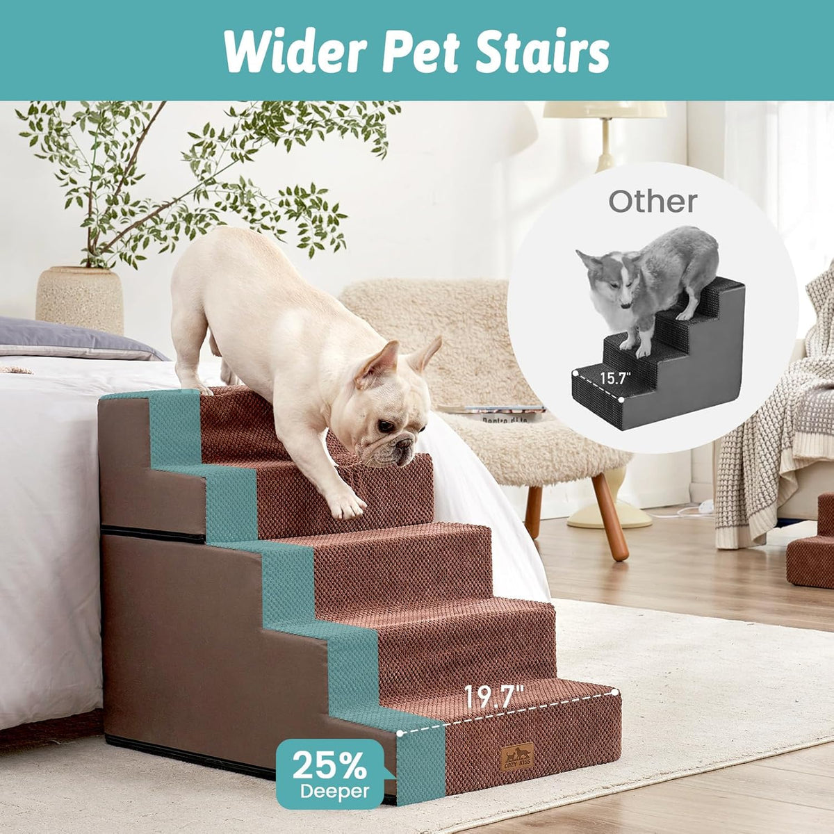Dog Stairs for Small Dogs, 5 Tier Removable Wider Pet Stairs for Couch and Bed, 23.6" H Non-Slip