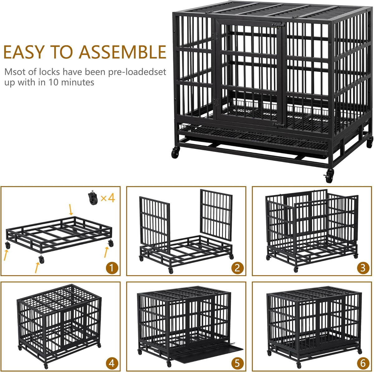 JY QAQA 48/38 Inch Heavy Duty Indestructible Dog Crate Double Doors Escape Proof Cage