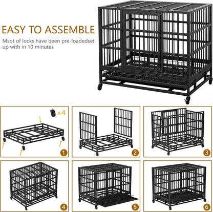 JY QAQA 38 Inch Heavy Duty Indestructible Dog Crate Double Doors Escape Proof Cage Kennel,Enhanced
