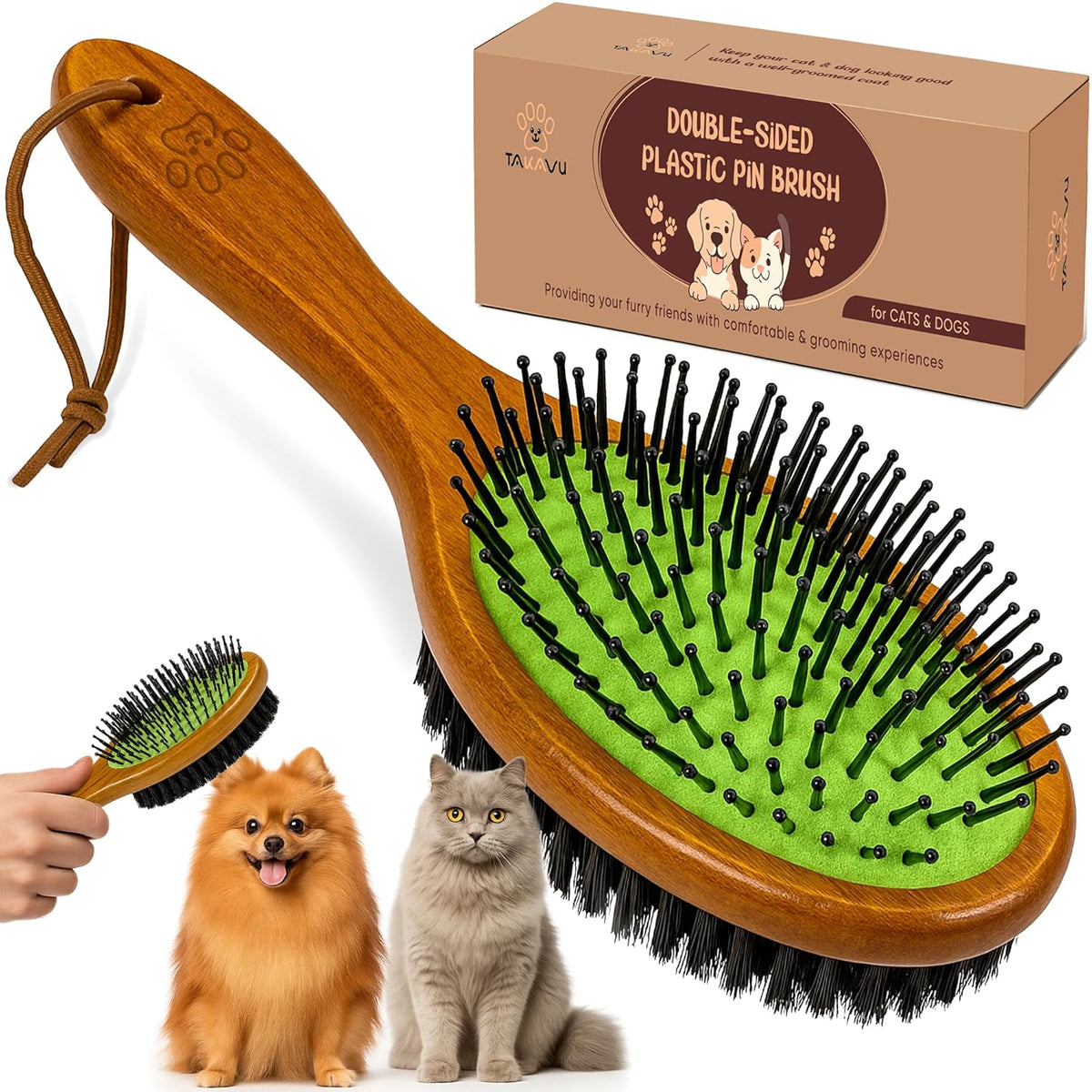 TAKAVU Pin & Bristle Pet Brush for Dogs & Cats - Double Sided Grooming Tool Detangles, Removes