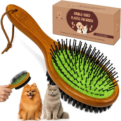 TAKAVU Pin & Bristle Pet Brush for Dogs & Cats - Double Sided Grooming Tool Detangles, Removes