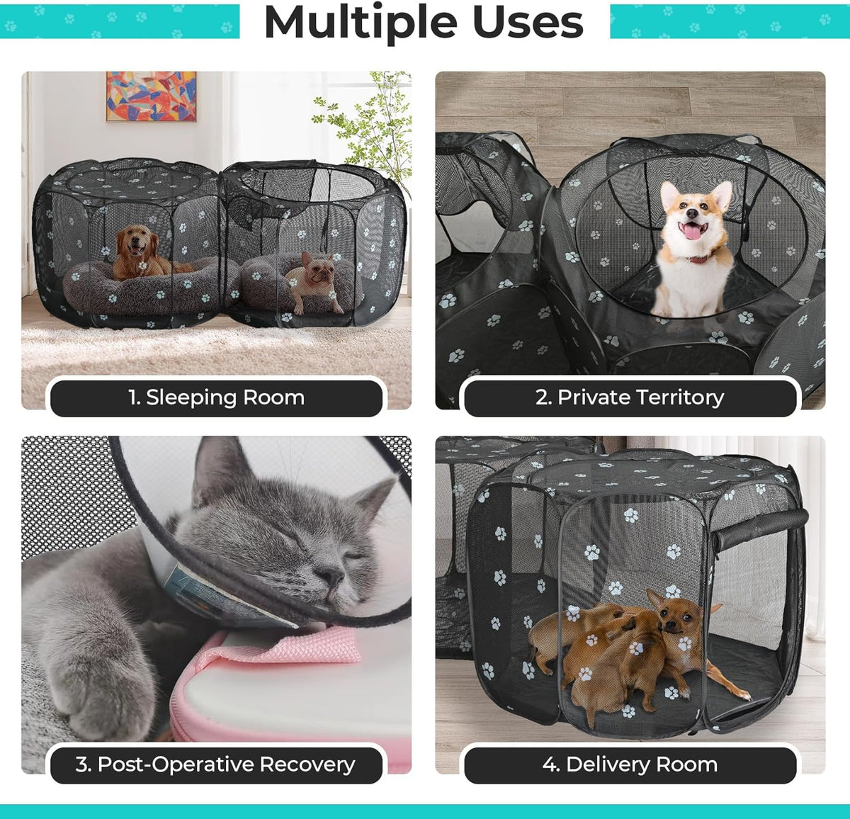 2-in-1 Cat Playpen, Pop Up Dog Pet Playpen for Indoor Outdoor Cats Enclosed, Portable Pet Playpen