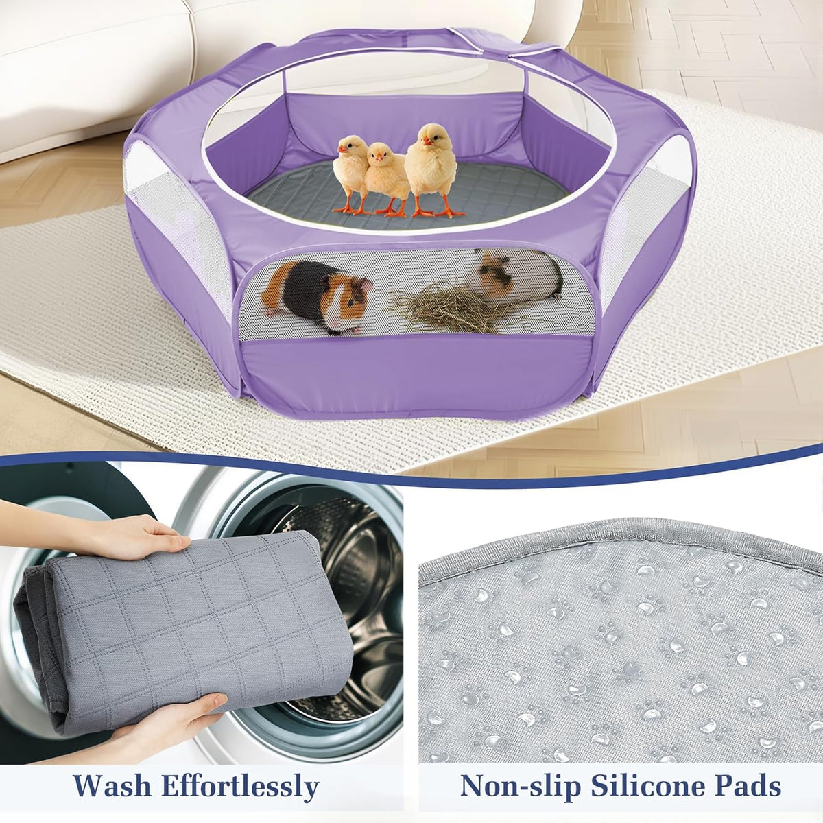 2-in-1 Small Animals Playpen with Pad, Waterproof Small Pet Cage Tent with Reusable Pad, Portable