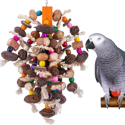 Deloky Large Parrot Bird Chewing Toys, Natural Nuts Corn Parrot Tearing Toy, Wooden Bird Cage Toy