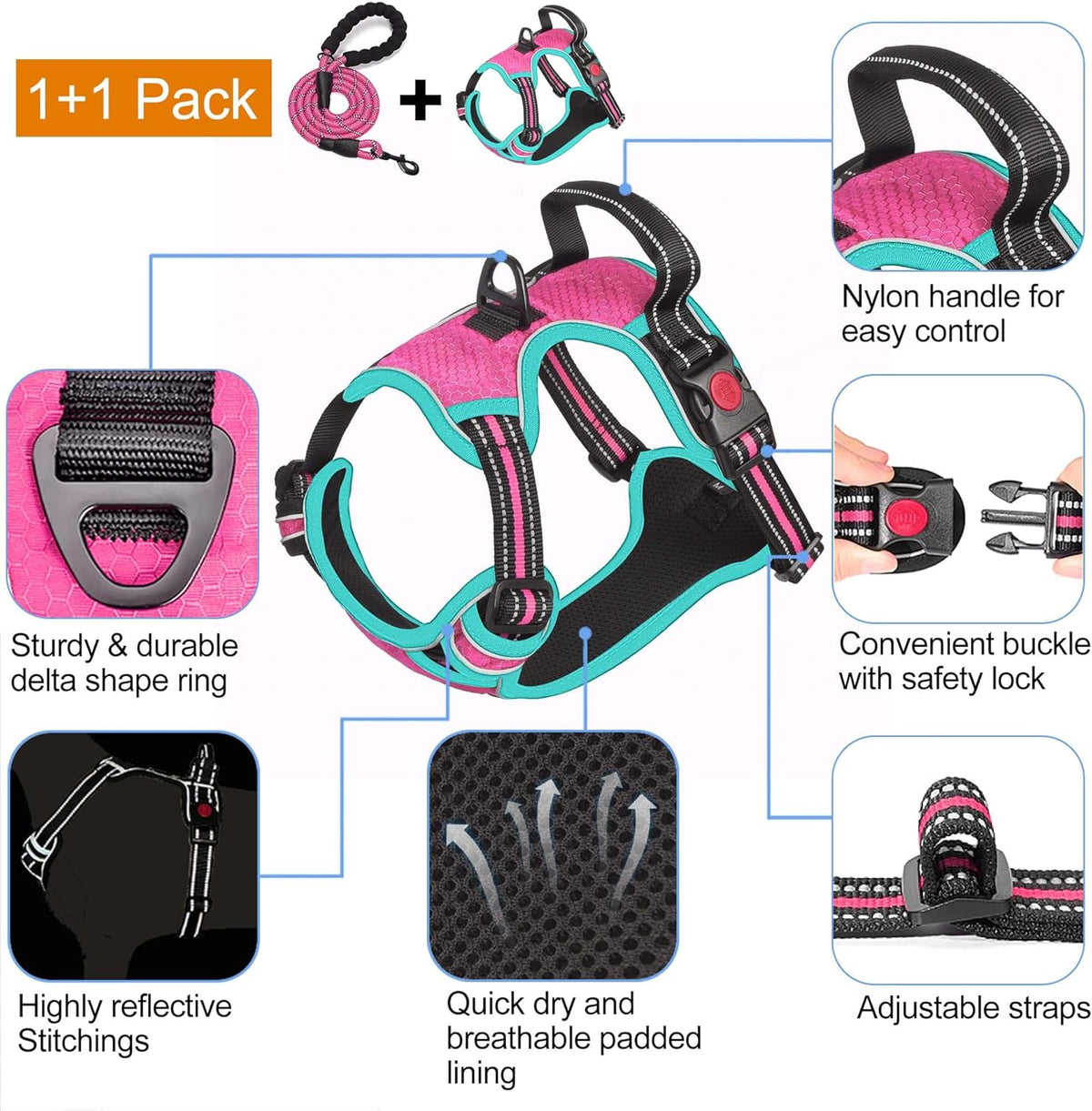 No Pull Dog Harness Adjustable Reflective Oxford Easy Control Medium Large Harness with A Free