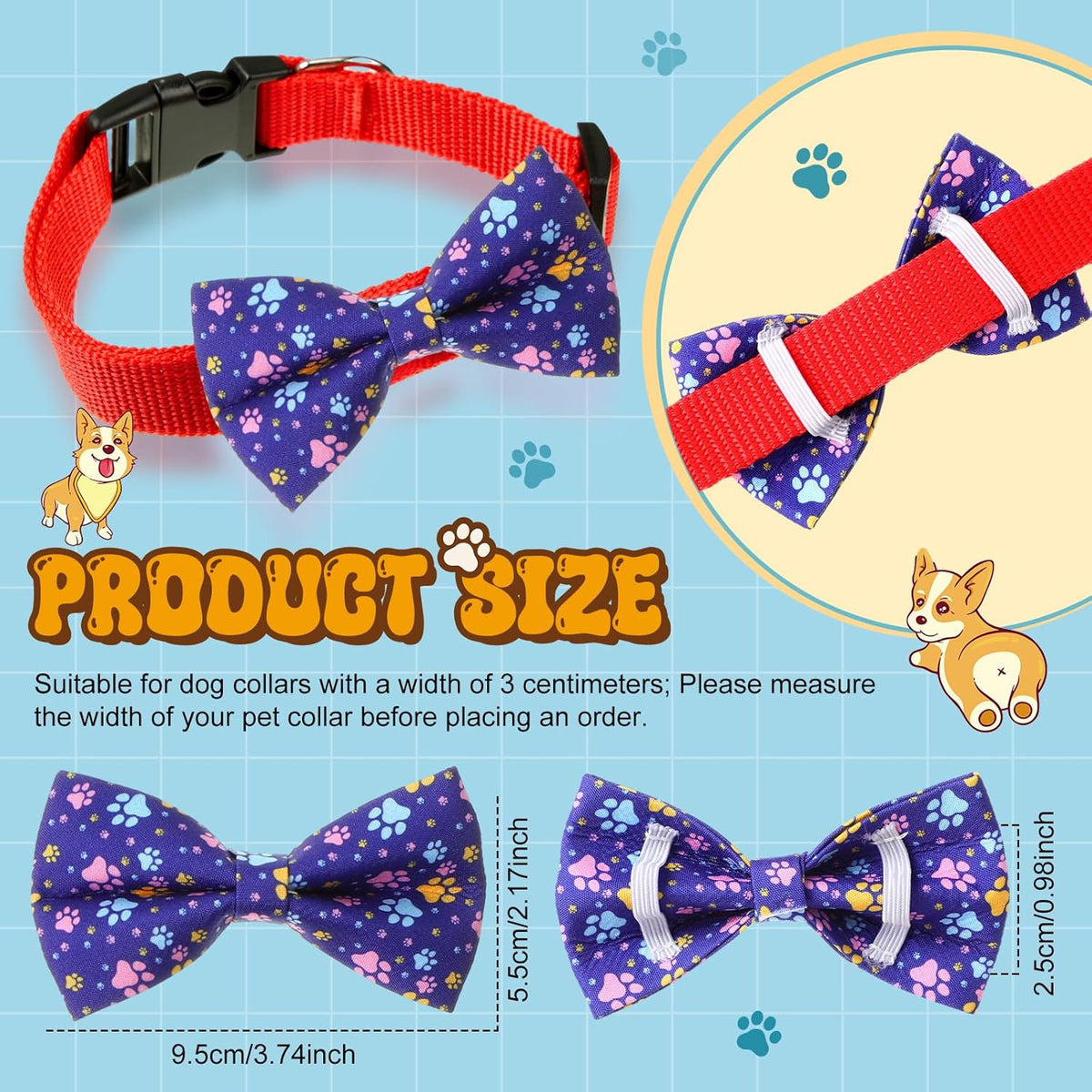 Hillban 50 Pieces Paw Print Dog Collar Bow Ties Colorful Paw Print Dog Collar Accessories Bow Ties