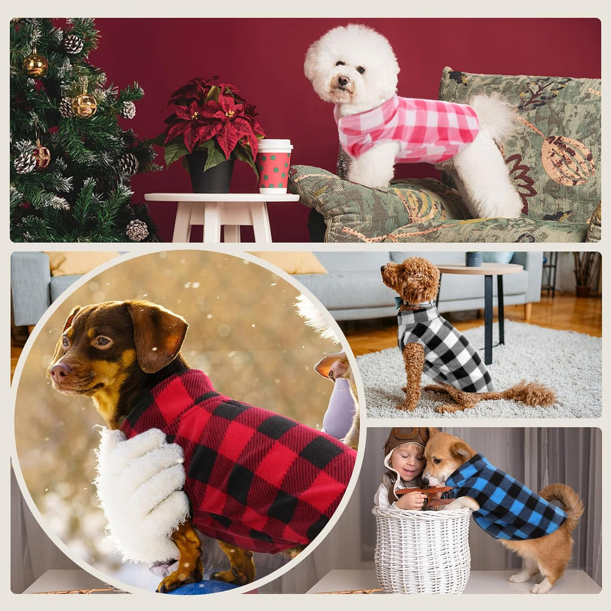 Kuoser Dog Fleece Vest,Warm Plaid Dog Sweater with Leash Hole,Soft Turtleneck Winter Pet Jacket