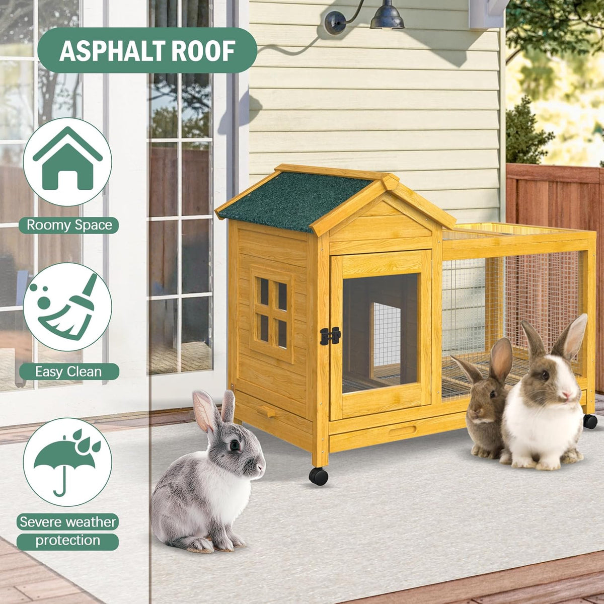 Wooden Rabbit Hutch with Waterproof Roof,Outdoor/Indoor Bunny Cage with Removable Slide-Out Bottom
