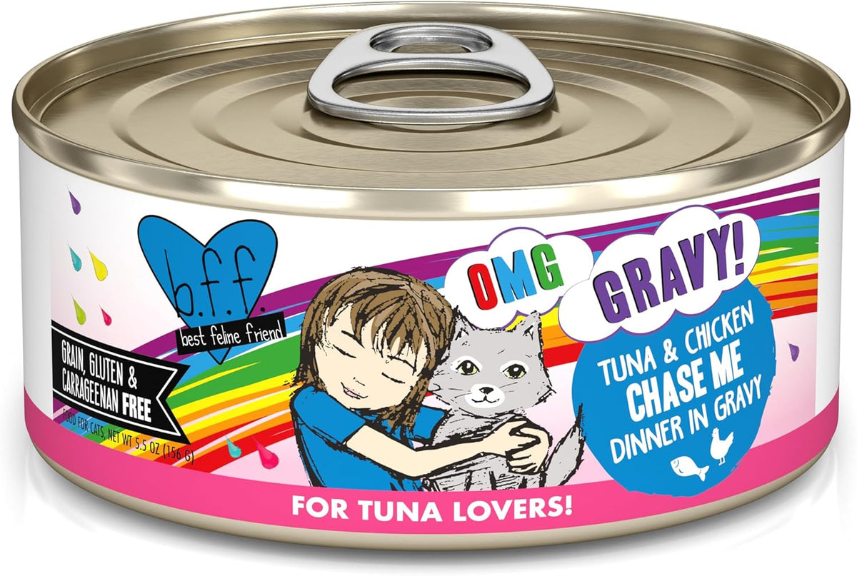 Weruva B.F.F. OMG - Best Feline Friend Oh My Gravy!, Tuna & Chicken Chase Me with Tuna & Chicken