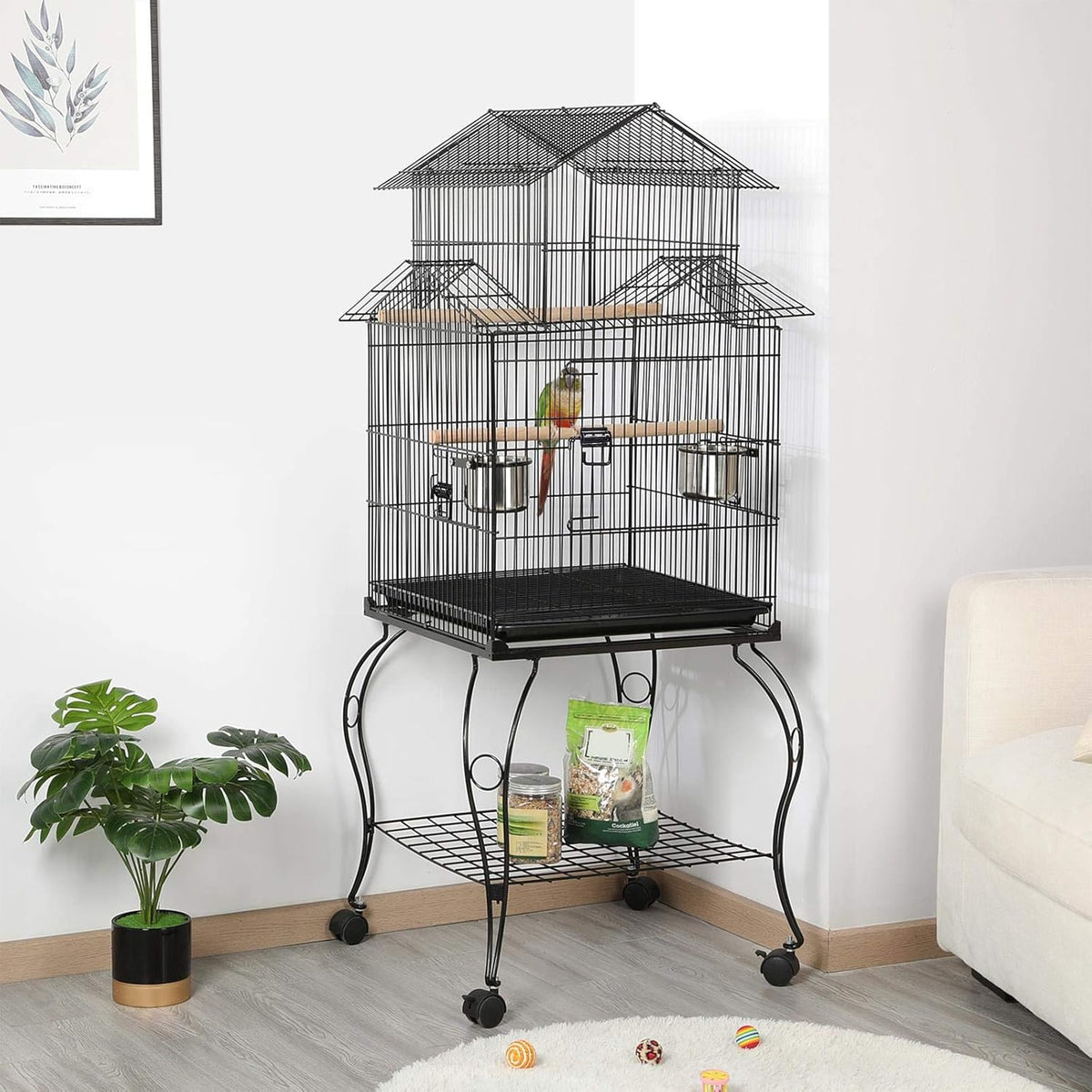 Yaheetech Budgie Cage 55-inch Rolling Standing Triple Roof Medium Parrot Cage Pet Bird Cage with