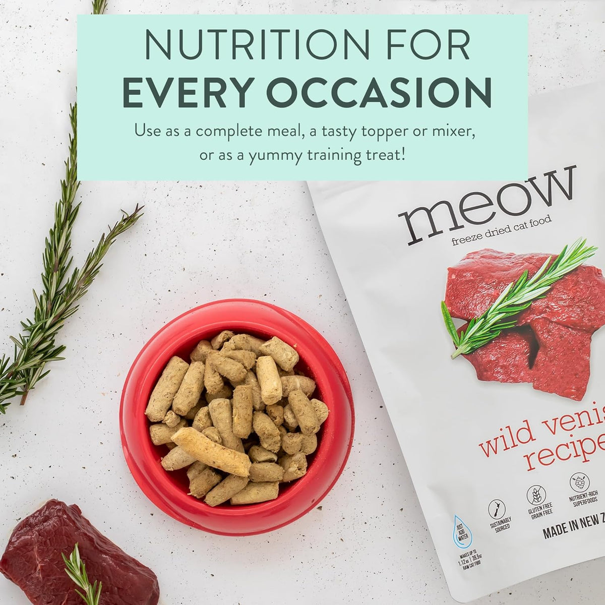 Meow Freeze Dried Cat Food - Wild Venison Recipe, High Protein Treats, Meals & Toppers, Dry Cat