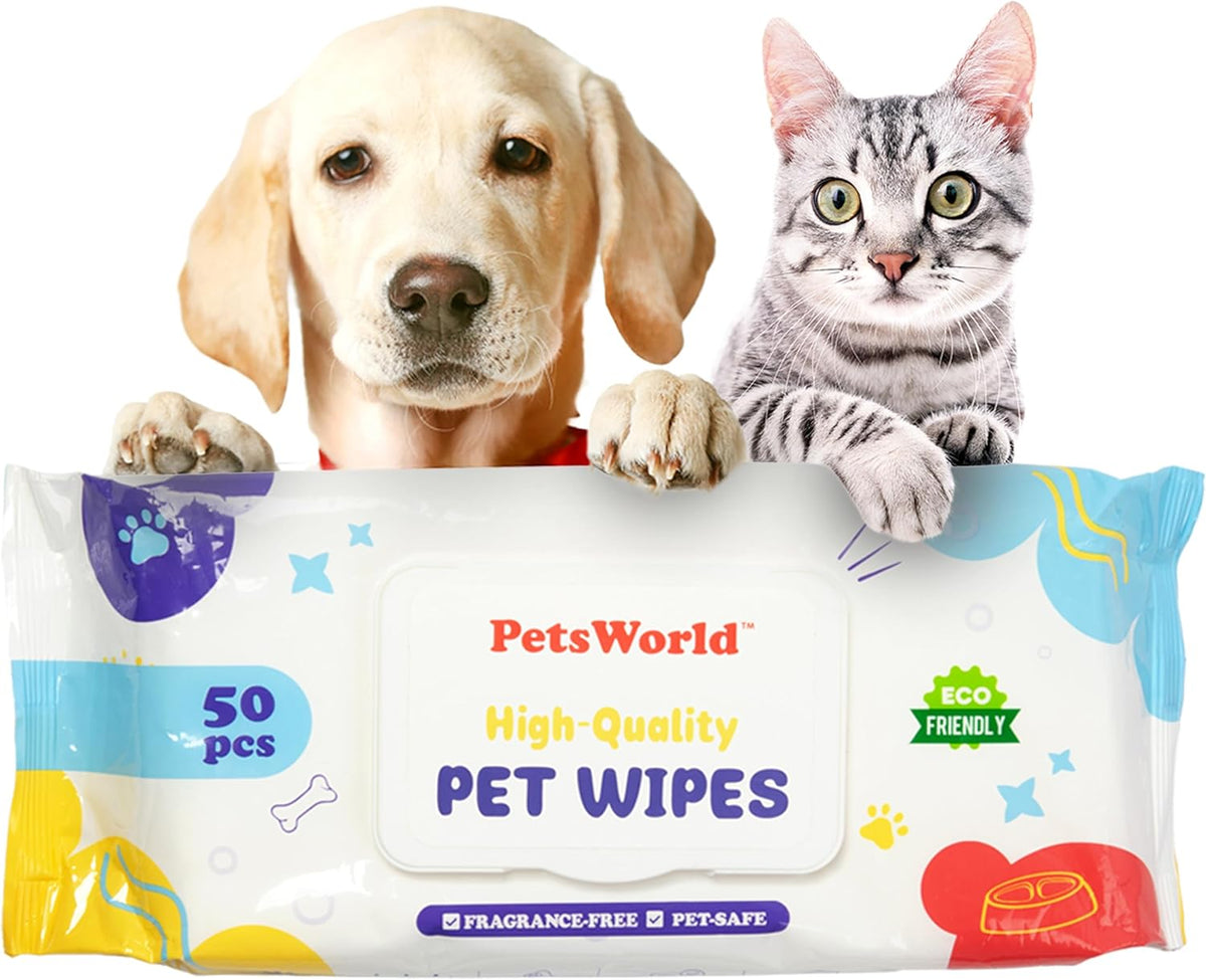 PETSWORLD Pet Wipes for Dogs & Cats, Unscented, Hypoallergenic, Chemical-Free, Biodegradable (98%)