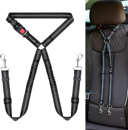 BWOGUE Double Dog Cat Seat Belts, Car Headrest Restraint Adjustable Travel Leash,Safety Elastic