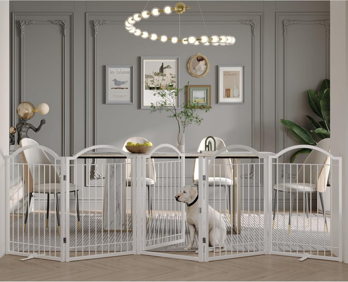 BHG Metal No-Assembly Freestanding Dog Gate with Door Walk Through, Extra Wide 120", Extra Tall 32"