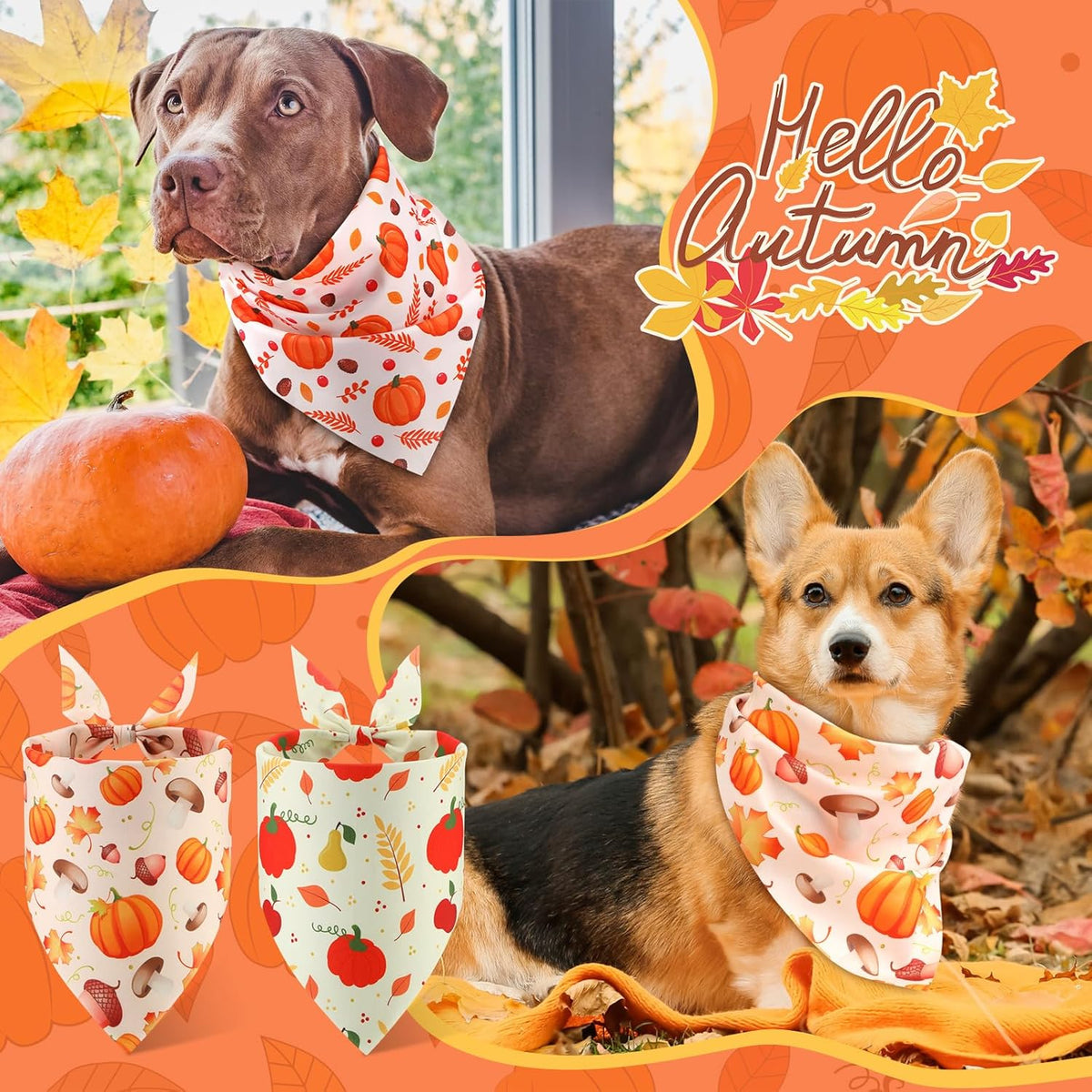 Chunful 100 Pieces Fall Dog Bandanas Bulk Autumn Pet Bandanas with Pumpkin Patterns Triangle Scarf