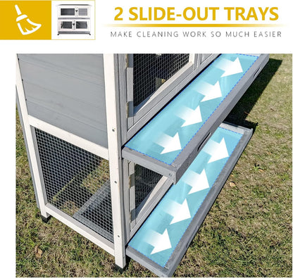 2 Story Solid Wood Rabbit/Bunny Hutch with 2 Large Main Rooms, Indoor Outdoor Rabbit House Guinea