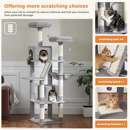 PAWZ Road 70 Inch Cat Tower, Tall Cat Tree with 2 Cozy Condos, 2 Plush Perch, Large Basket, 2