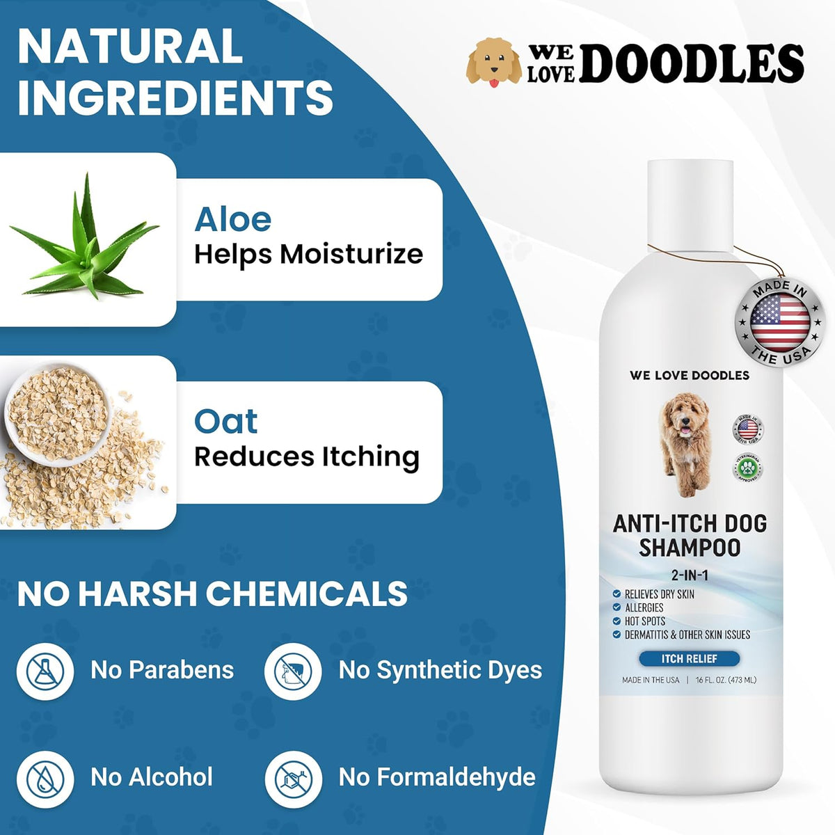 Premium Anti Itch Dog Shampoo for Sensitive Skin, Made in USA, Dry Skin Treatment for Dogs, Great