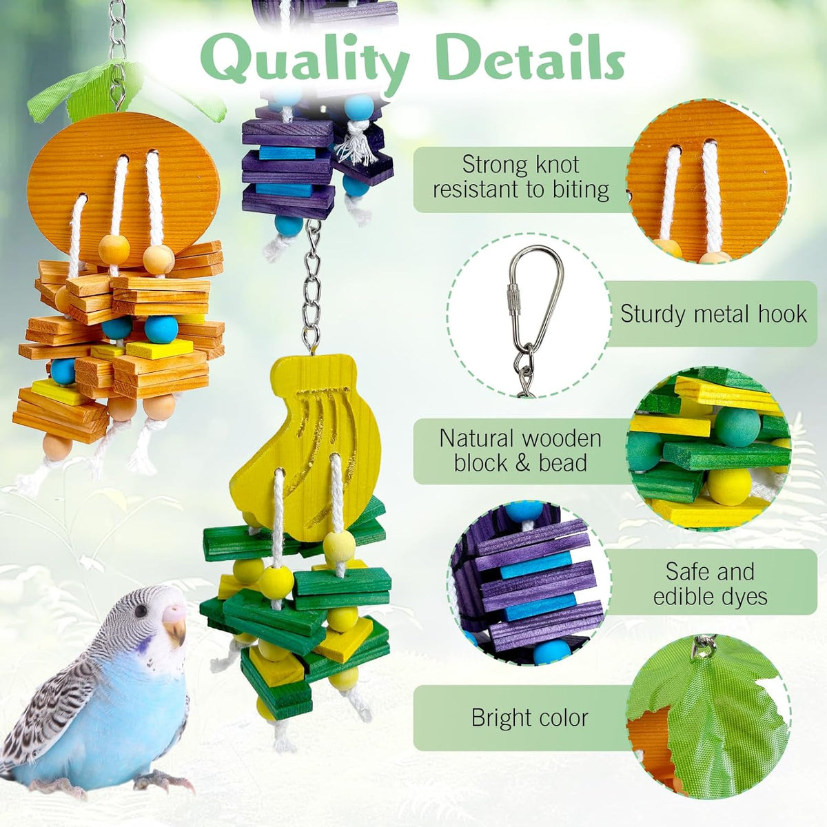 Hamiledyi Natural Wood Block Bird Cage Toys Parrot Chewing Toy Orange&Apple& Banana&Grapes Shaped