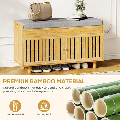 Coat Rack Shoe Bench Set, Bamboo Shoe Storage Bench with Seat Cushion & 5 Hooks, Hall Tree Entryway