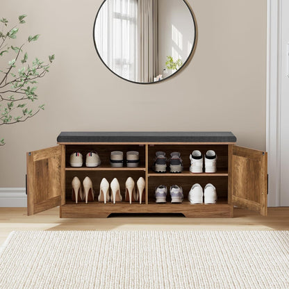 2-Tier Storage Bench, Shoe Bench with Padded Seat Cushion, Entryway Bench with 2 Barn Doors