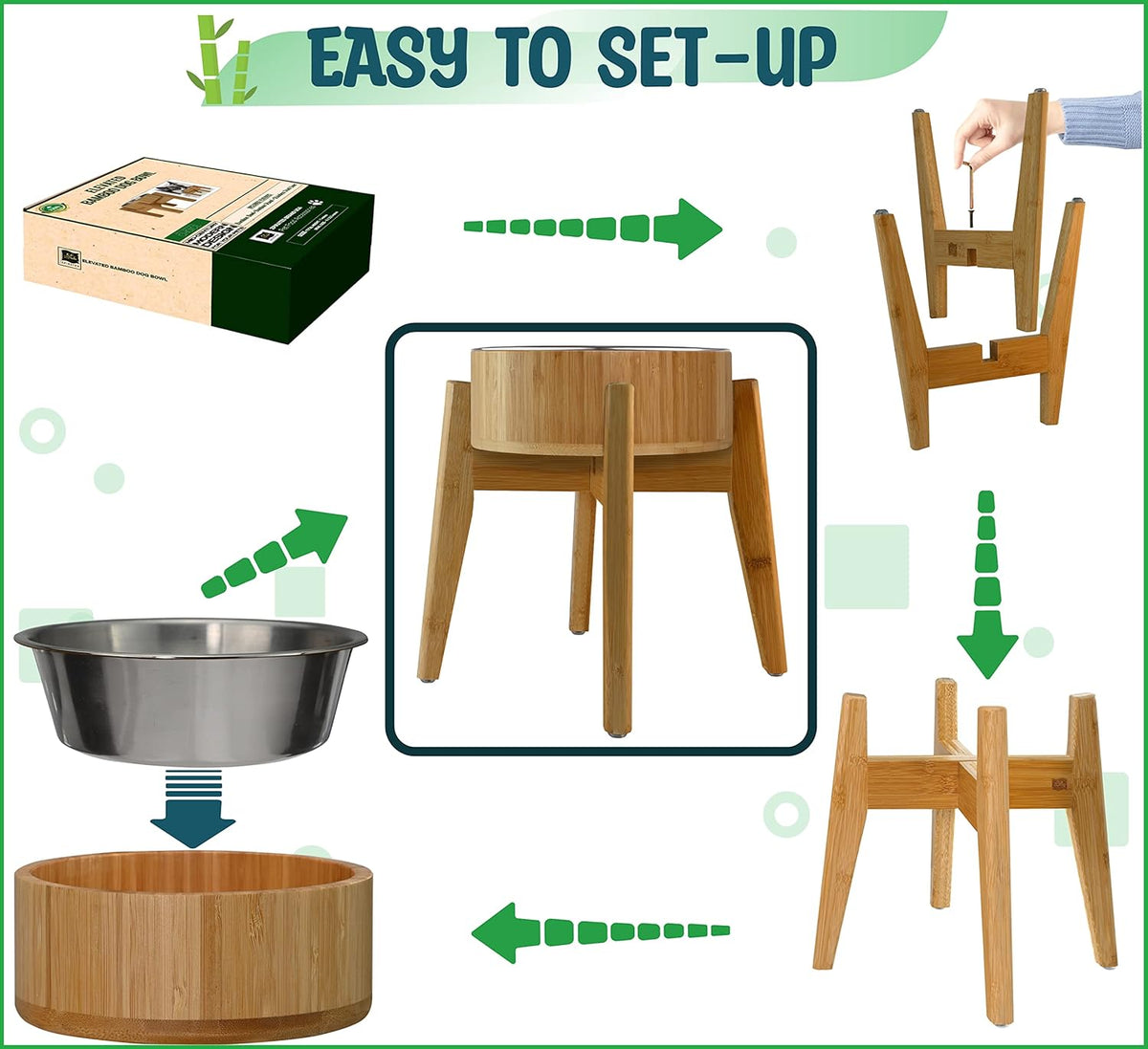 Dog Bowls Elevated, 12-inch High, 5-Cup Cap - Set of Bamboo Holder, Stainless Inner Dish and Stand