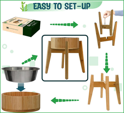 Dog Bowls Elevated, 12-inch High, 5-Cup Cap - Set of Bamboo Holder, Stainless Inner Dish and Stand