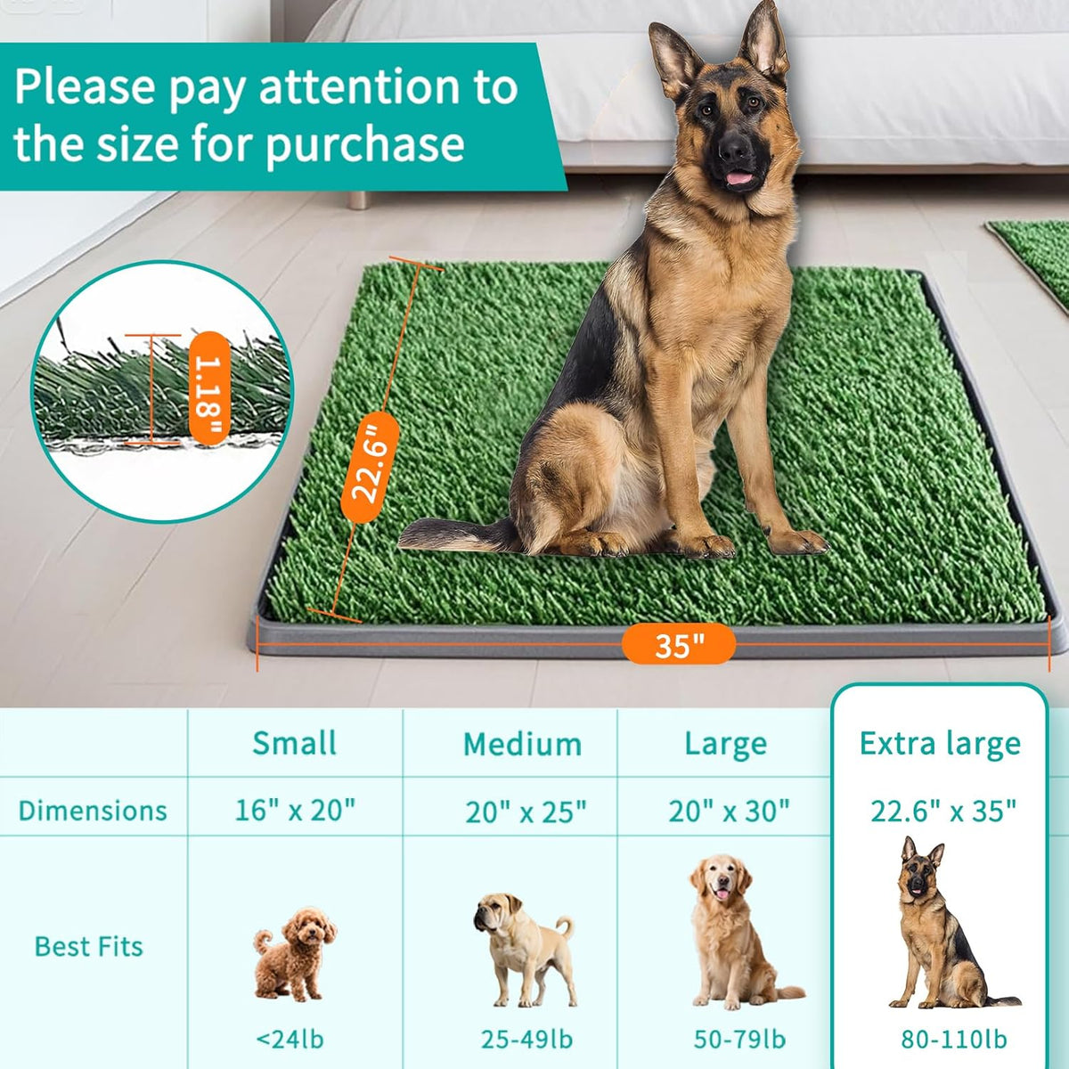 35"X22.6" Dog Grass Pad with Tray - Indoor/Outdoor Artificial Turf Potty Training Mat for Large