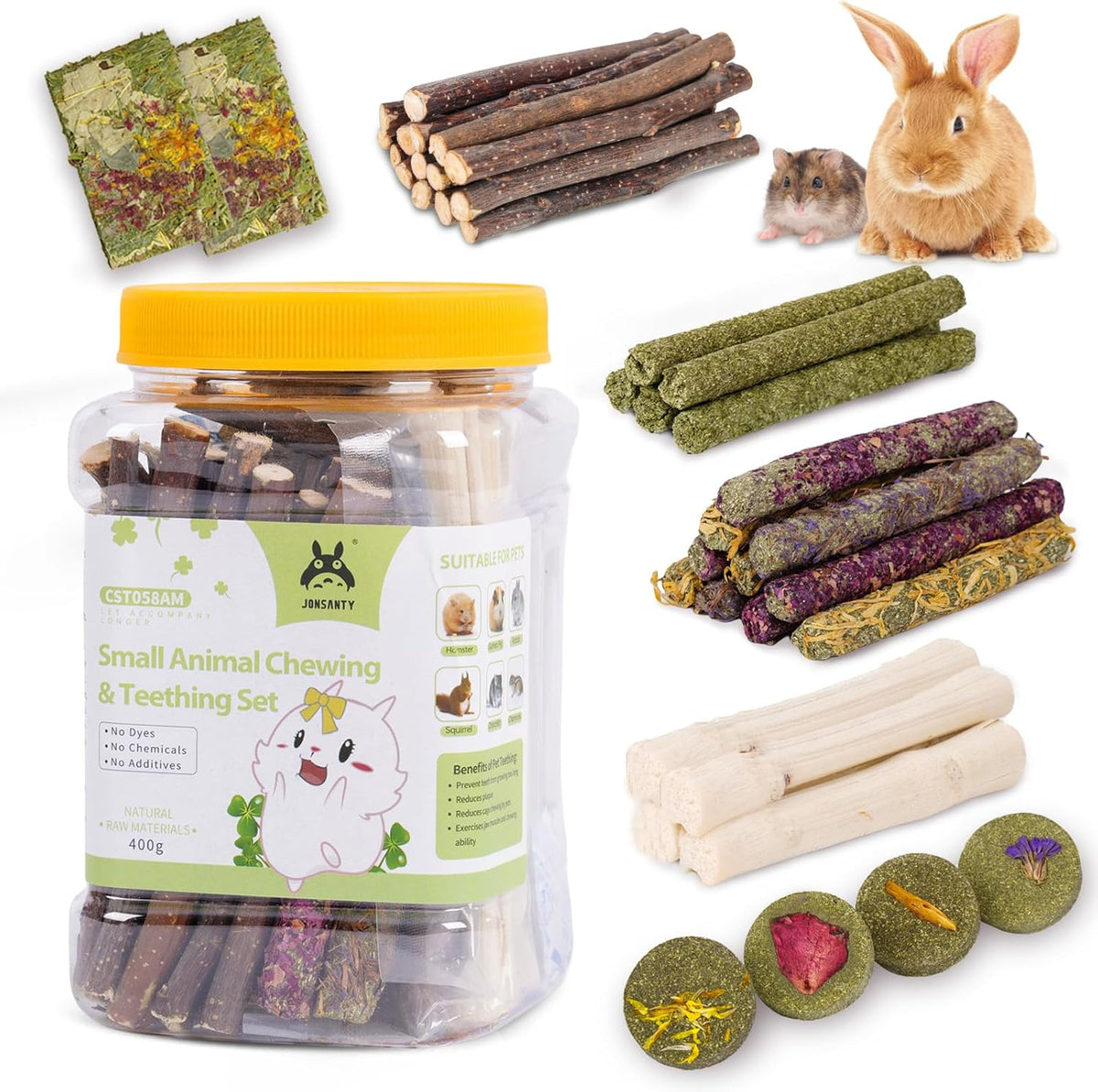 50-60 PCS Natural Rabbit Chew Toys, Treats, Timothy Sticks, Apple Sticks, Sweet Bamboo for Guinea