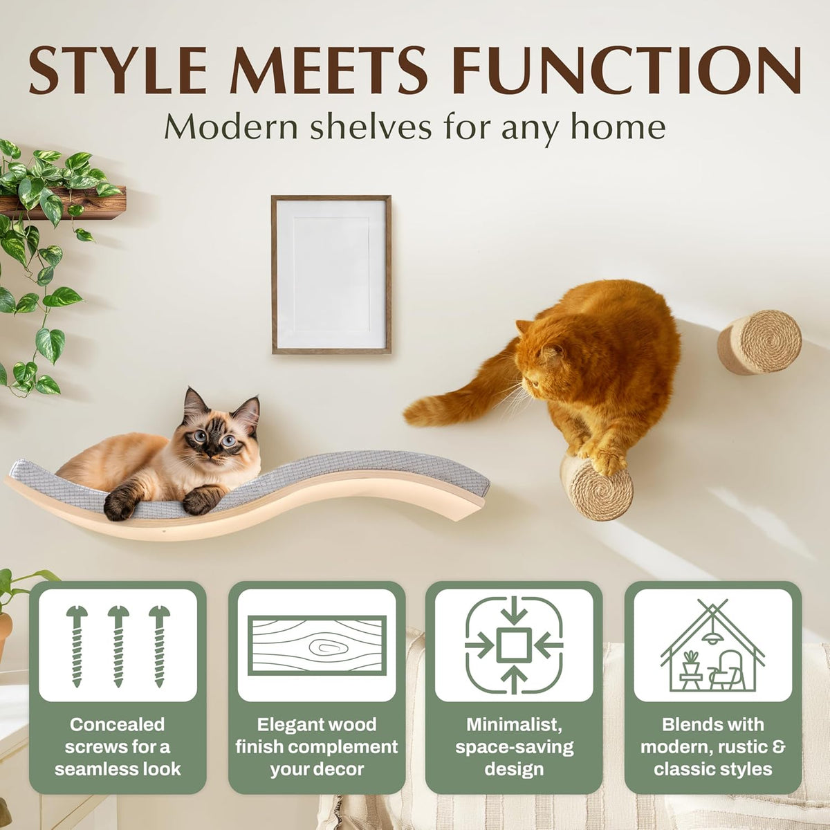 Extra Large 35.4” × 11.6” Stylish Cat Wall Shelves with Soft Cushion, Modern Wall-Mounted Cat Tree