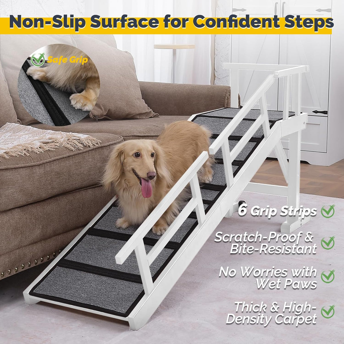 Dog Ramp for Bed or Couch, Wooden Pet Ramp with 20° Gentle Slope, Removable Side Rails, Non-Slip